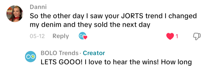 Reseller Danni comment: saw your JORTS trend, I changed my denim and they sold the next day.