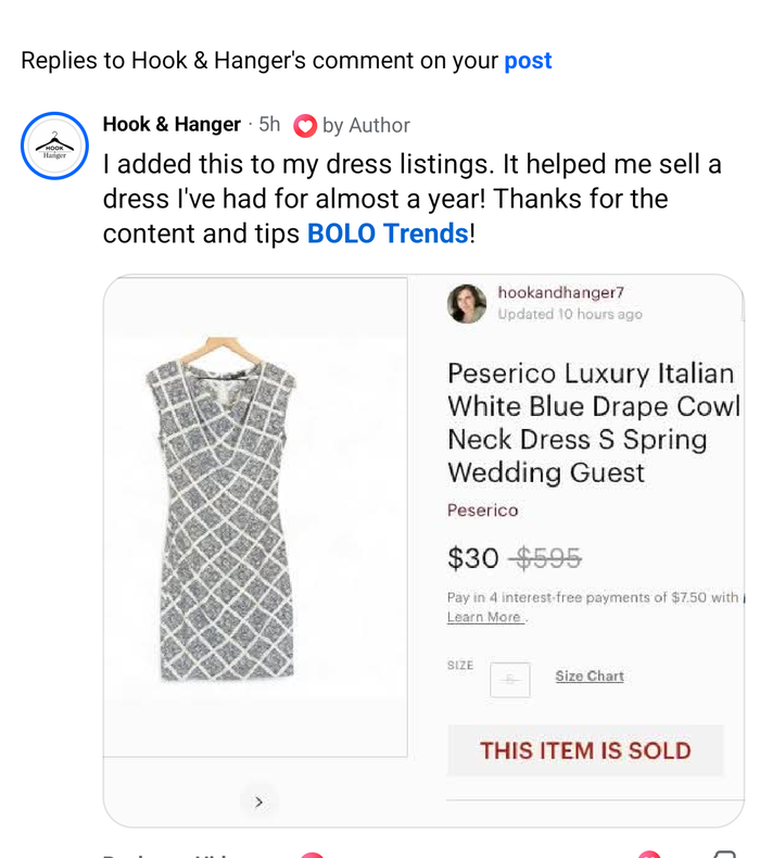 Reseller Hook & Hanger comment: added this to my dress listings, it helped me sell a dress I've had for almost a year. Listing shows THIS ITEM IS SOLD.