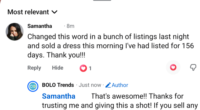 Reseller comment: changed this word in a bunch of listings last night and sold a dress I've had listed for 156 days.